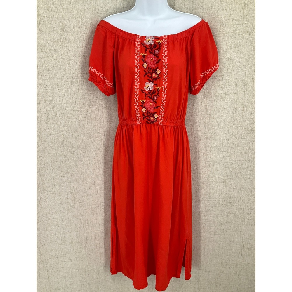 Old Navy Peasant Dress Womens M Tall Red Embroidered Boho Midi Off‎ the Shoulder